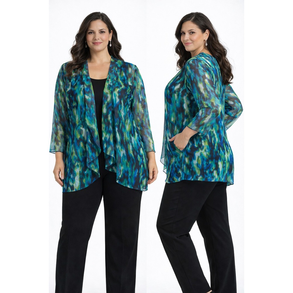 Lavender & Honey Women Kimono Jacket Medium Blue Green Sheer Open Front Boho NWT
